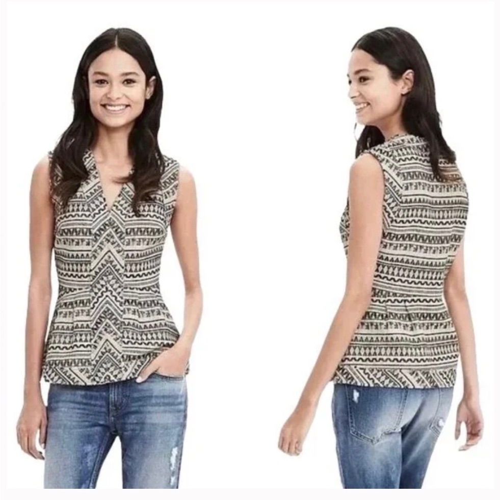 Banana Republic Black Cream Jacquard Tribal Frayed V-Neck Peplum Woven Tank